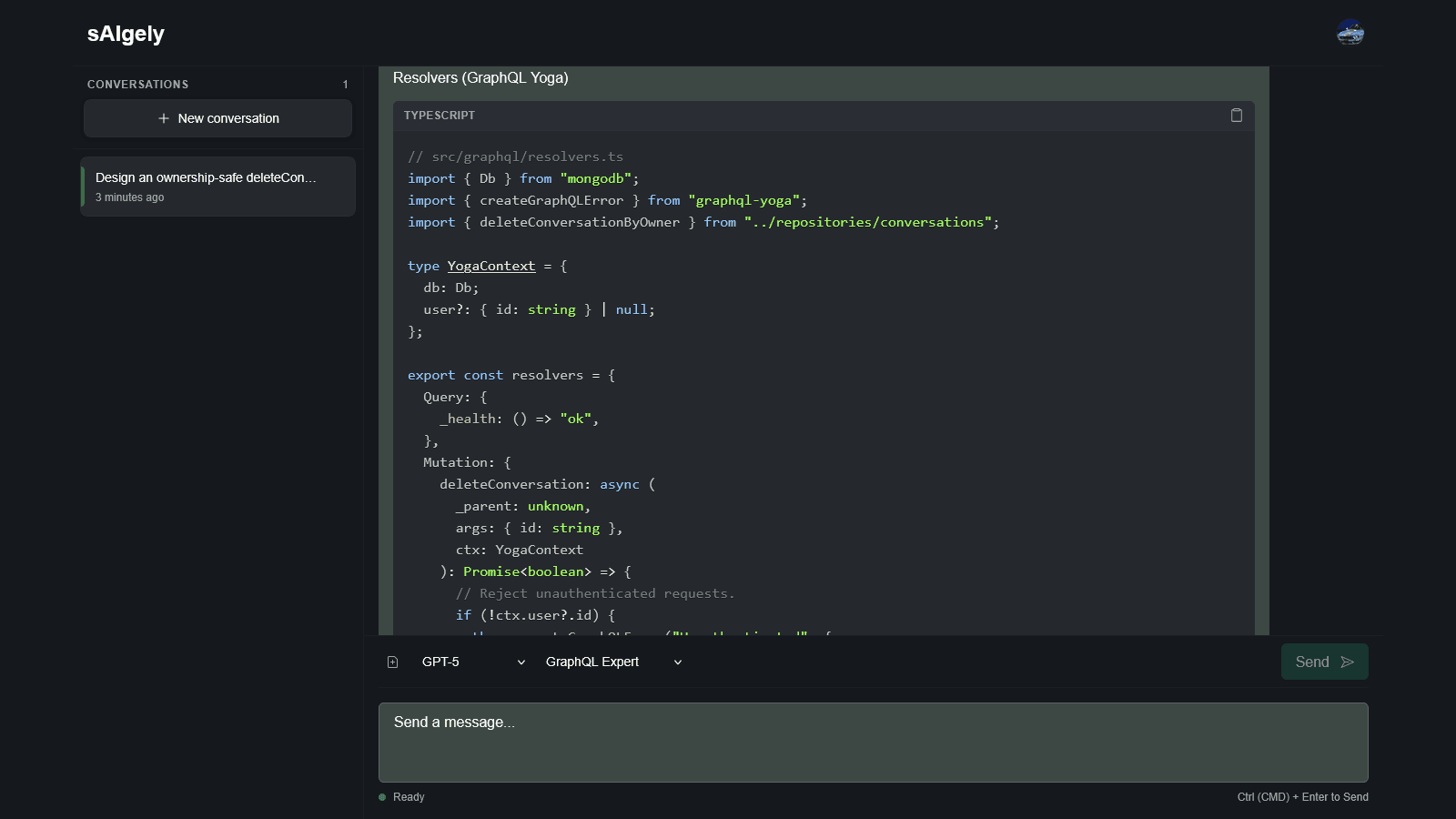 Saigely chat response screen showing a code-oriented assistant reply