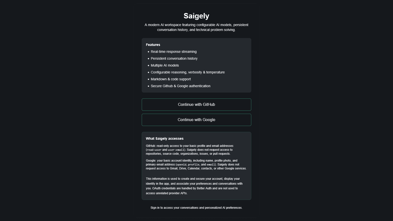 Saigely login screen in dark mode
