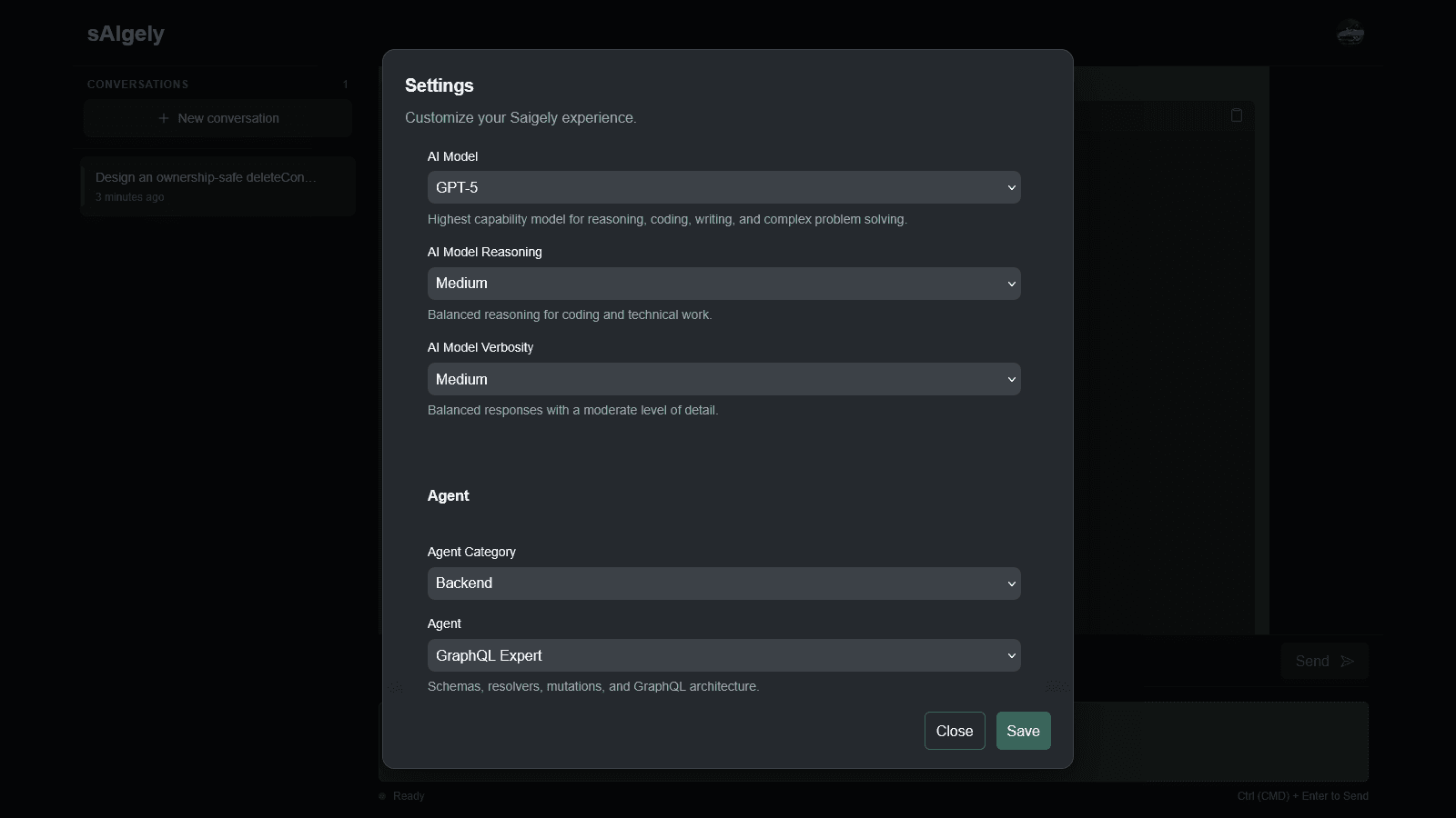 Saigely settings screen in dark mode